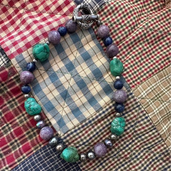 Chunky Turquoise Pearl Lapis Lazuli Natural Gemstone Peacock Choker Necklace - Picture 8 of 16